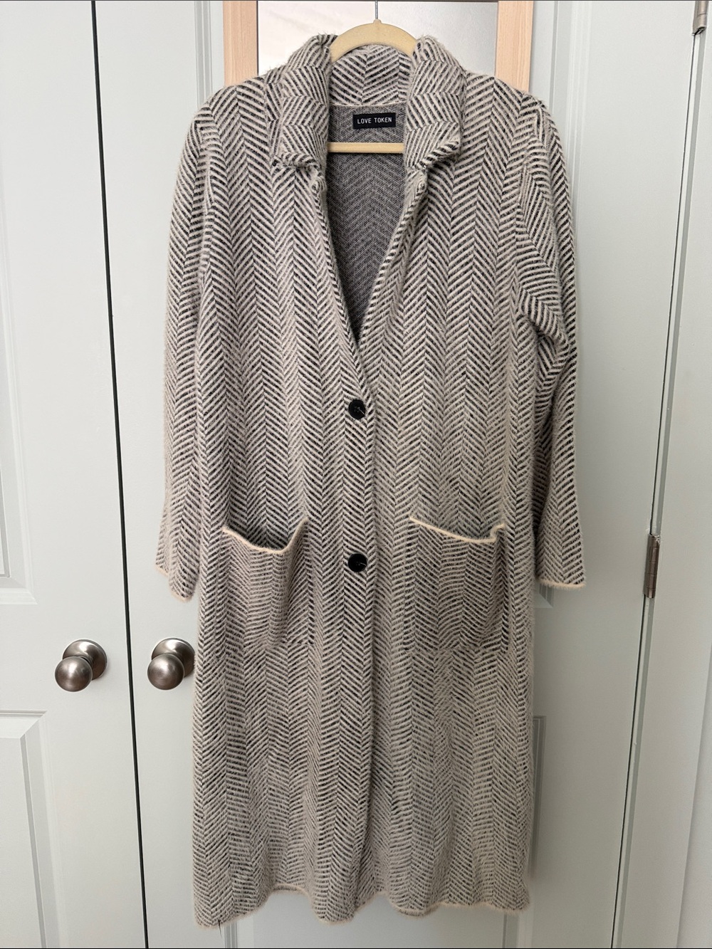 Love Token Beige & Black Herringbone Knit Coat
